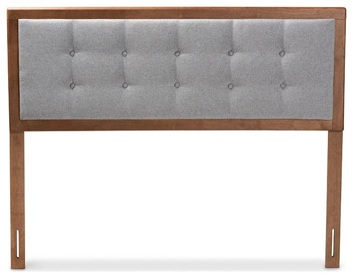 Light Grey Fabric Upholstered Walnut Brown Finished Wood King Size Headboard