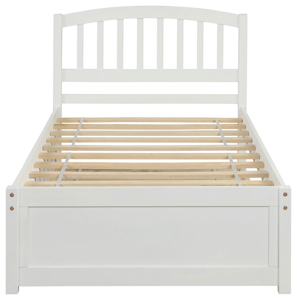 TATEUS Twin Platform Bed With Trundle, Wood Bed Frame With Headboard, White