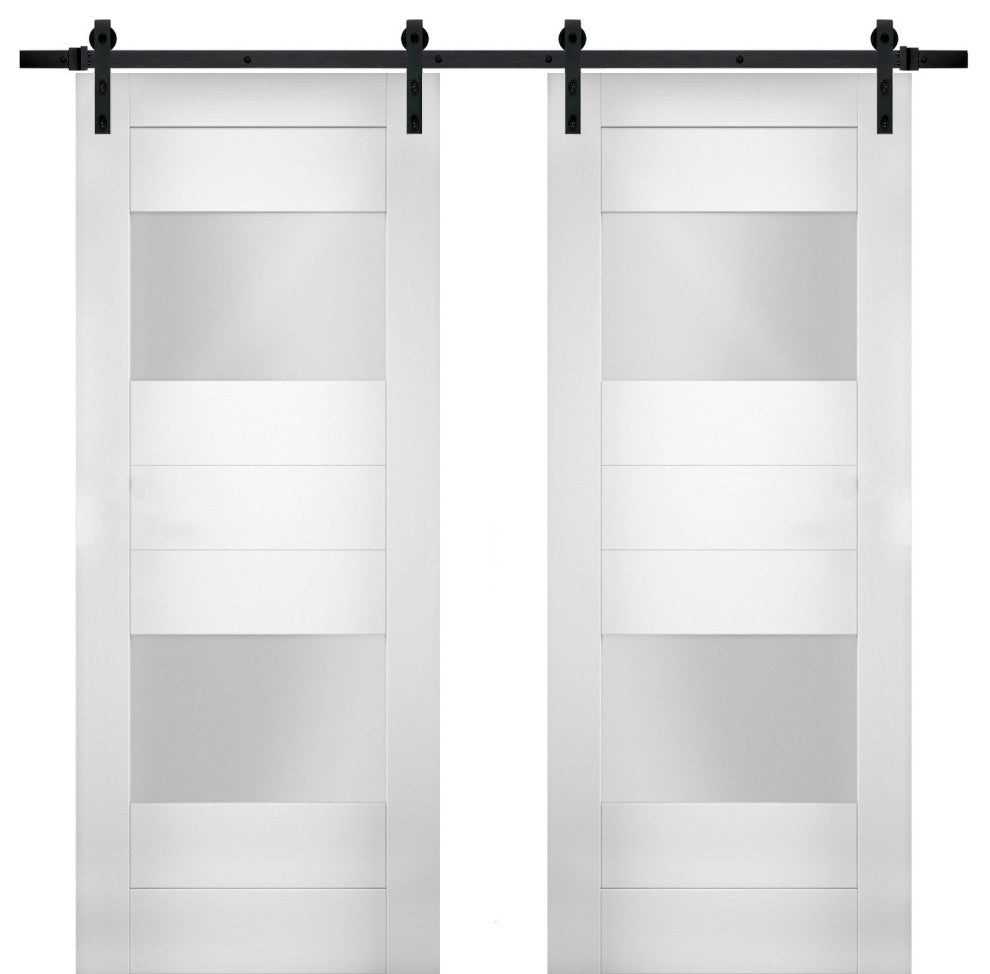 Double Barn Doors Opaque Glass / Sete 6222 White Silk / 13FT Rail, 64" X 84" ( 2* 32x84)
