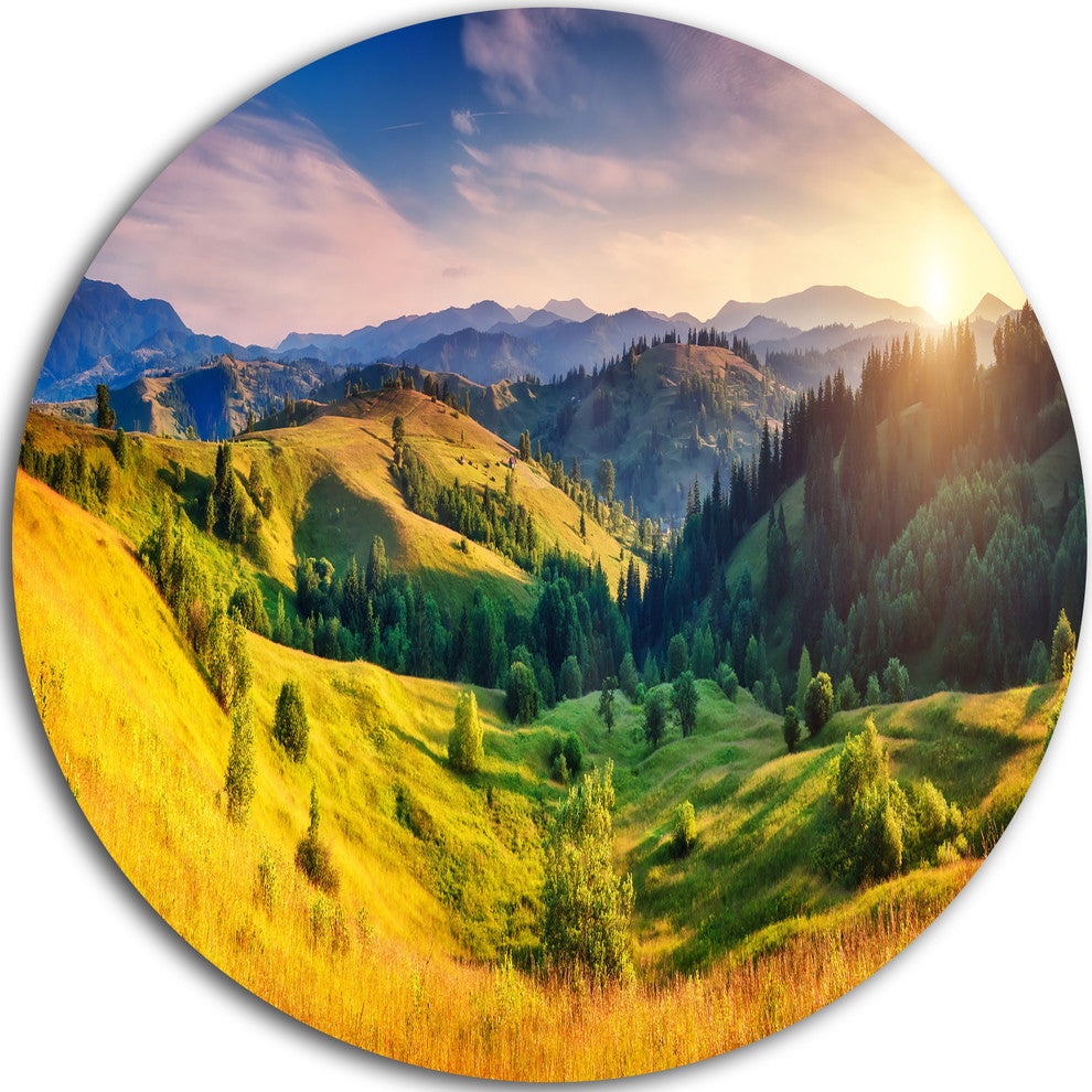 Green Hills Glowing By Sunlight, Landscape Round Wall Art, 11"