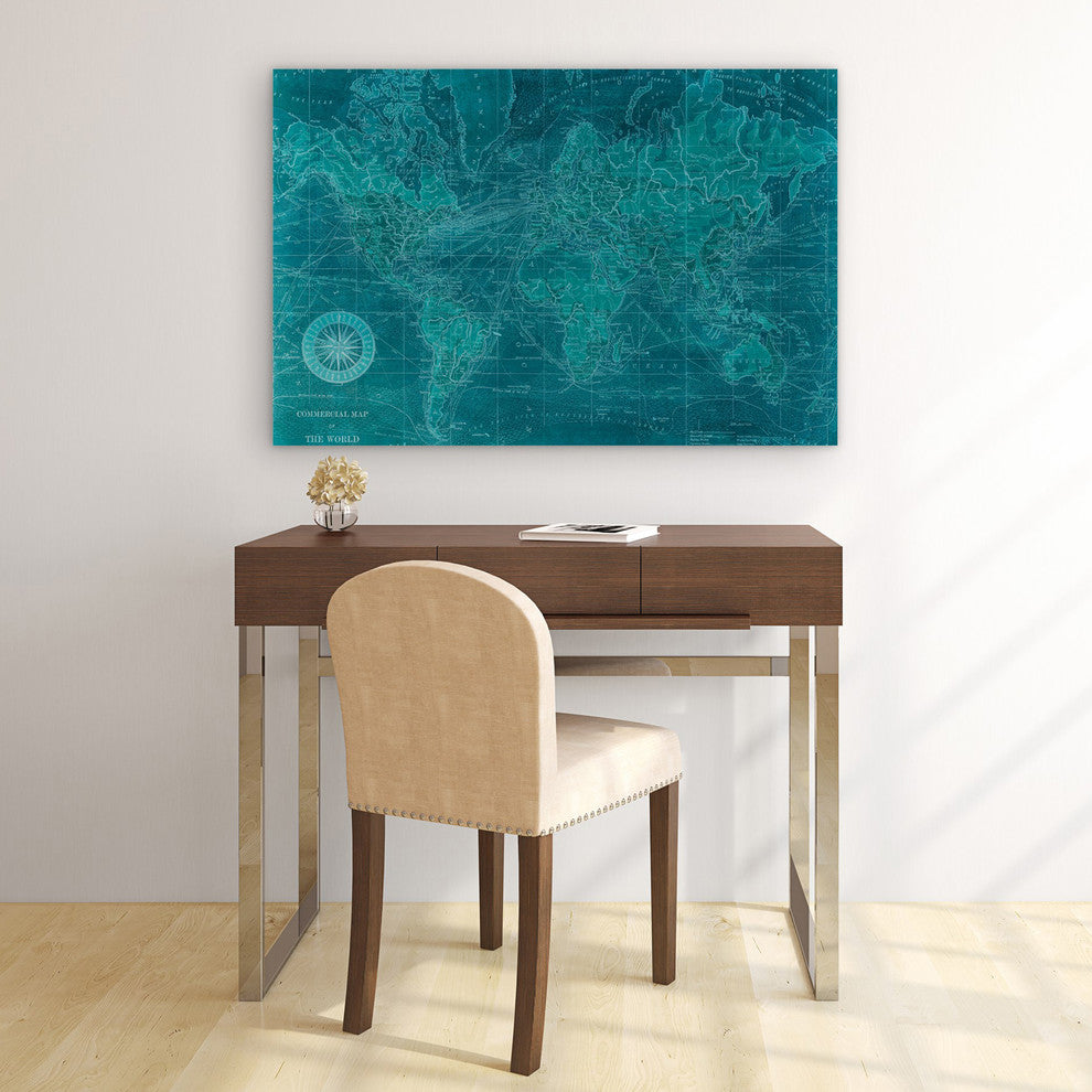 "Azure World" World Map Wall Art on Frameless Tempered Glass 48" x 32"