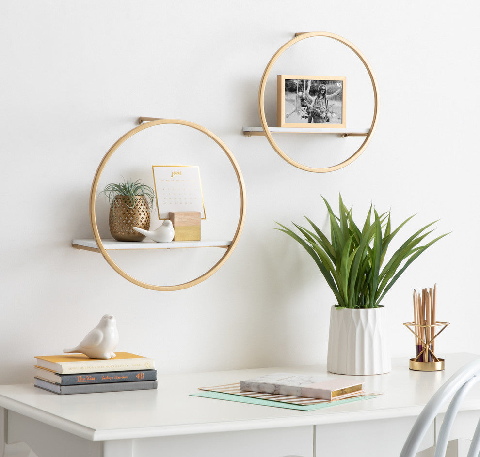 Wicks Round Floating Wall Shelf, White/Gold 2 Piece