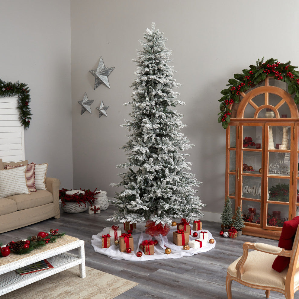 9.5' Slim Flocked Nova Scotia Spruce Faux Xmas Tree W/Lights & Bendable Branches