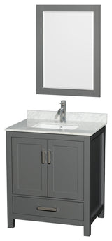 30" Single Vanity, Dark Gray, White Carrara Marble Top, Sink, Mirror