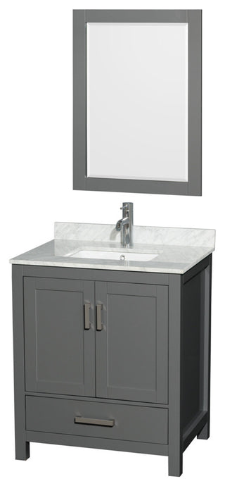 30" Single Vanity, Dark Gray, White Carrara Marble Top, Sink, Mirror