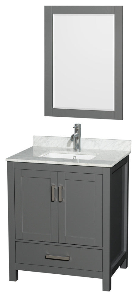 30" Single Vanity, Dark Gray, White Carrara Marble Top, Sink, Mirror