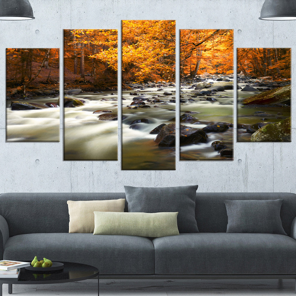 Autumn Terrai With Trees and River, Landscape Canvas Print, 60"x32", 5 Panels