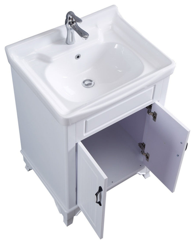 White Wooden Cabinet Vanity Sink 24.25" W with Overflow, Drain and Hardware