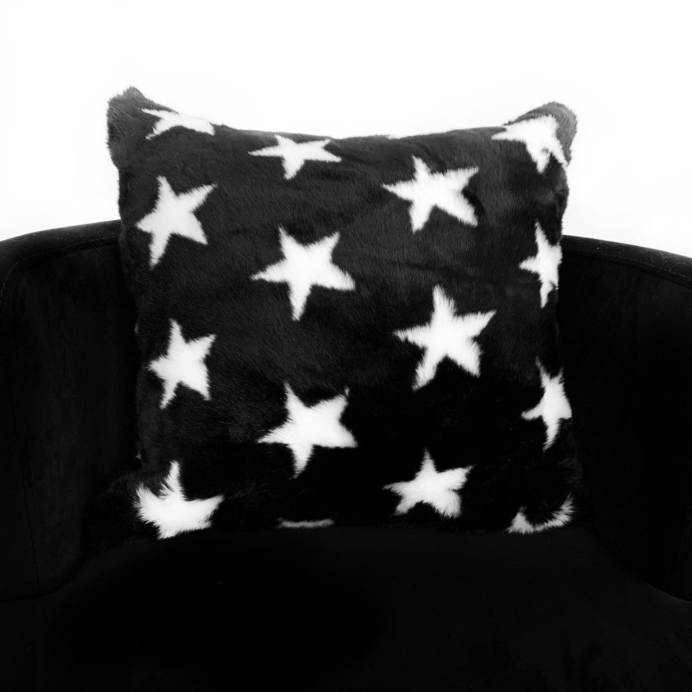 Plutus Black and White Stars Soft Animal Faux Fur Luxury Throw Pillow, 26"x26"
