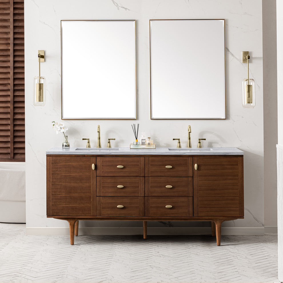 Amberly 72" Double Vanity, Mid-Century Walnut, 3CM Arctic Fall Top