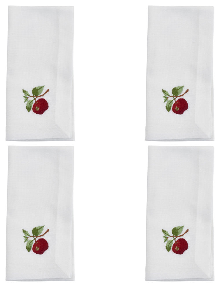 EmbroideredTable Napkins With Apple Design (Set of 4), White, 20"x20"