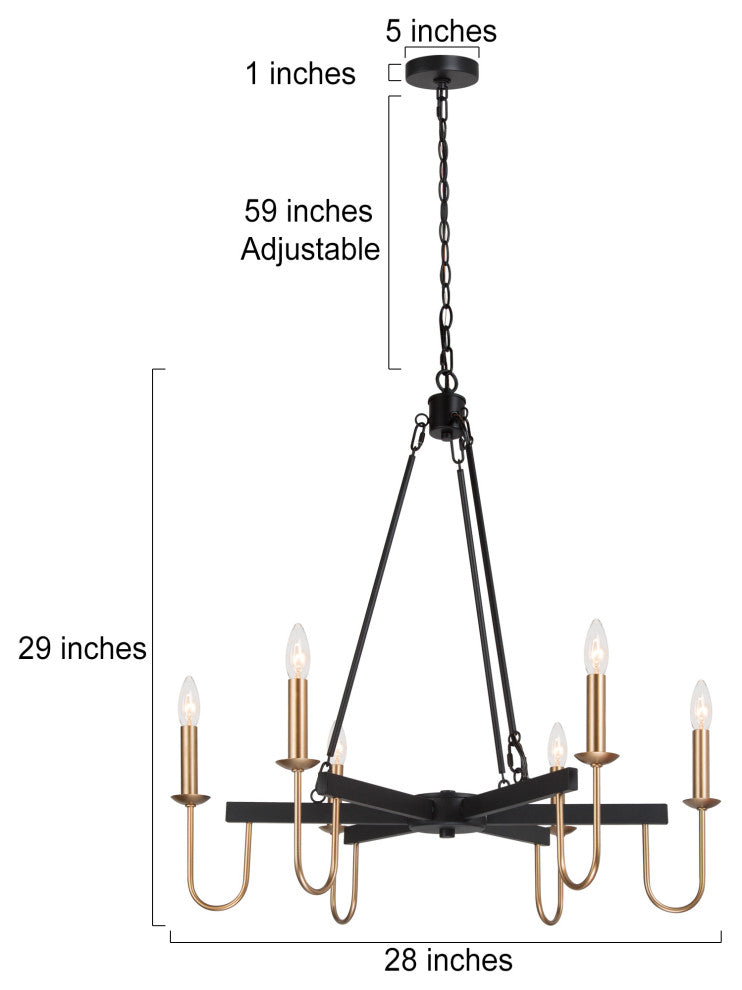 LNC 6-Lights Matte Black Modern Gold Candle-Style Chandelier For Dining Room