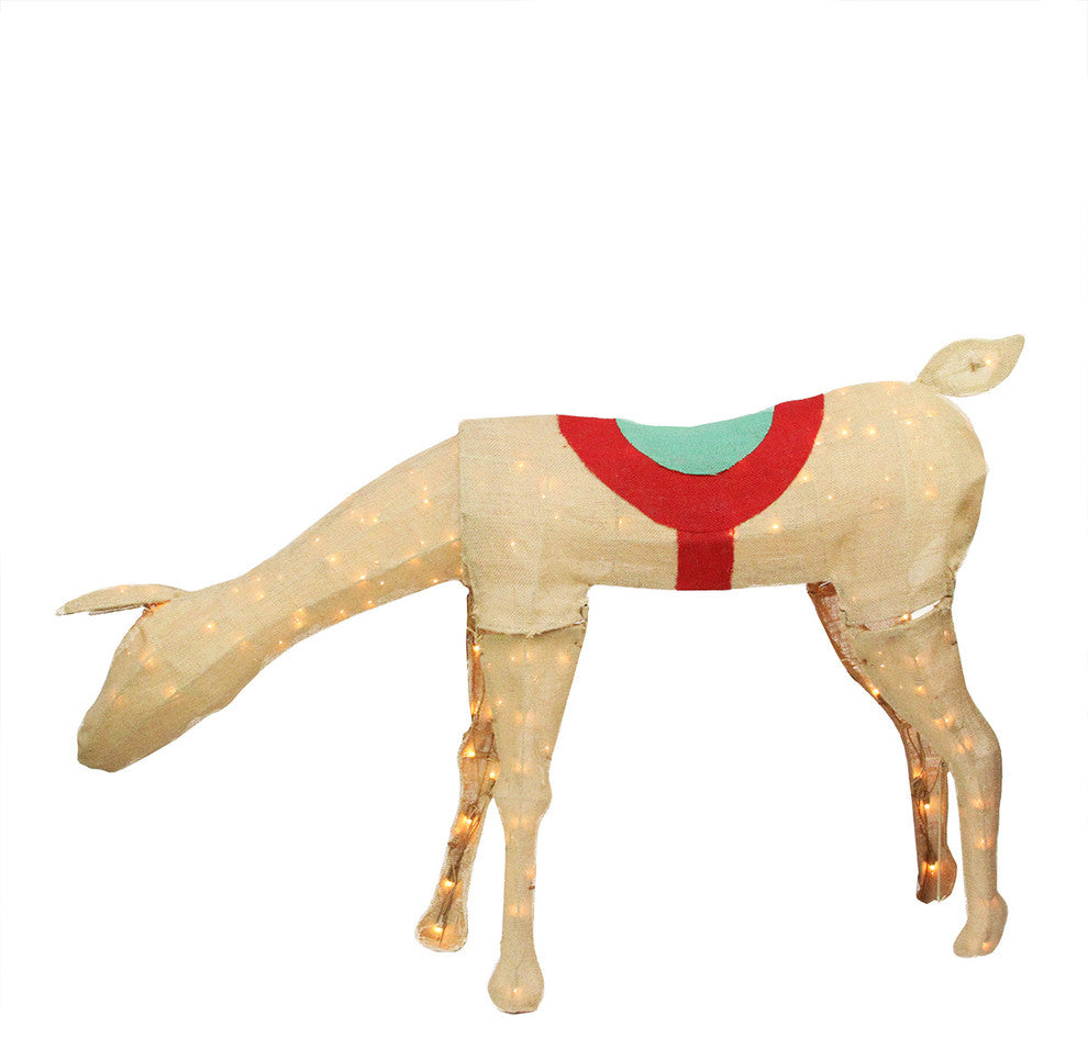 44" Pre-Lit Rustic Burlap Feeding Reindeer Christmas Decoration