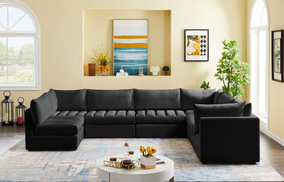 Jacob Velvet Upholstered 7-Piece U-Shaped Modular Sectional, Black