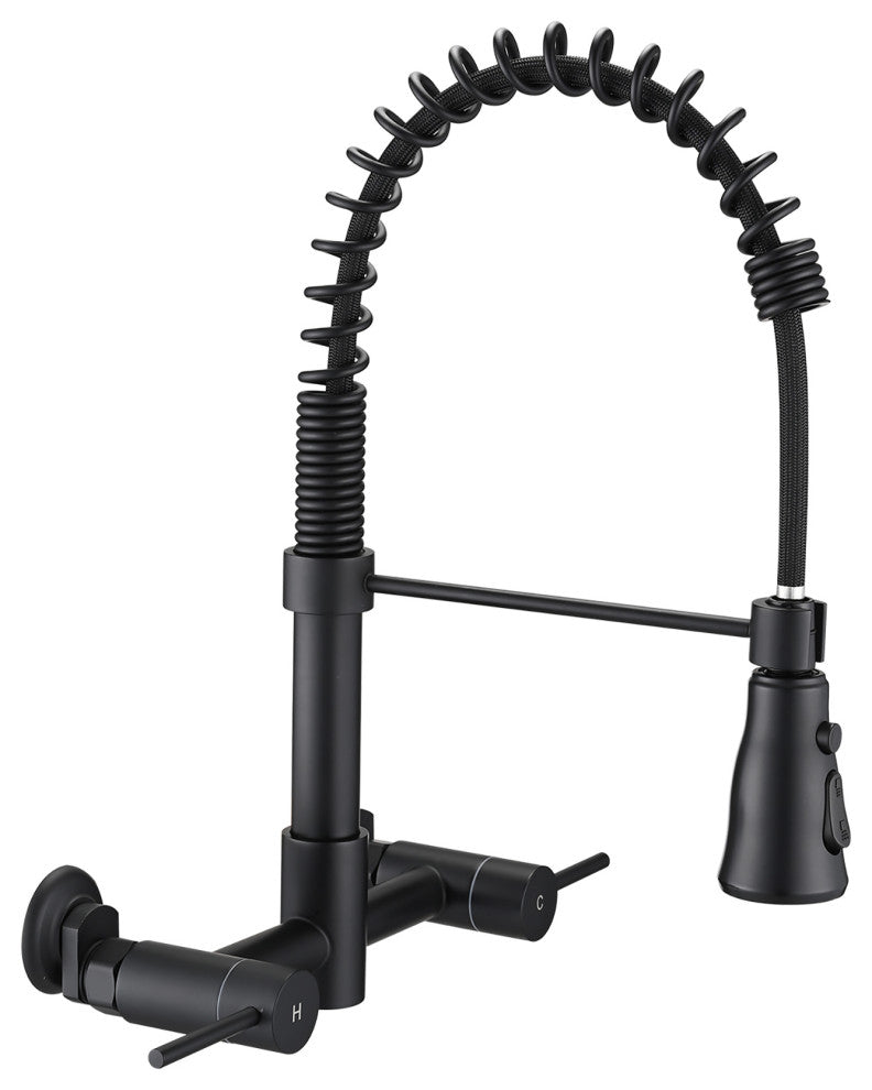 Double Handle Wall Mounted Spring Neck Bridge Kitchen Faucet, Matte Black