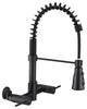 Double Handle Wall Mounted Spring Neck Bridge Kitchen Faucet, Matte Black