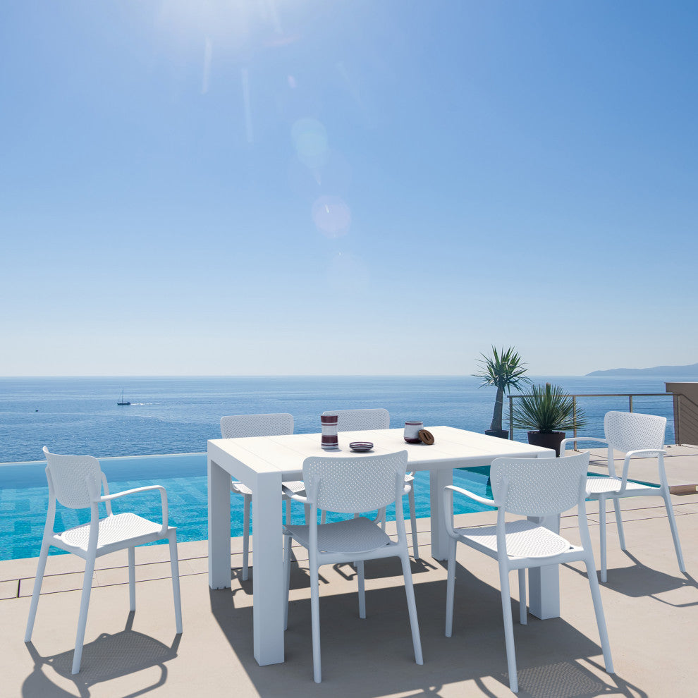 Loft Outdoor Dining Set With 6 Arm Chairs and 55" Extension Table White