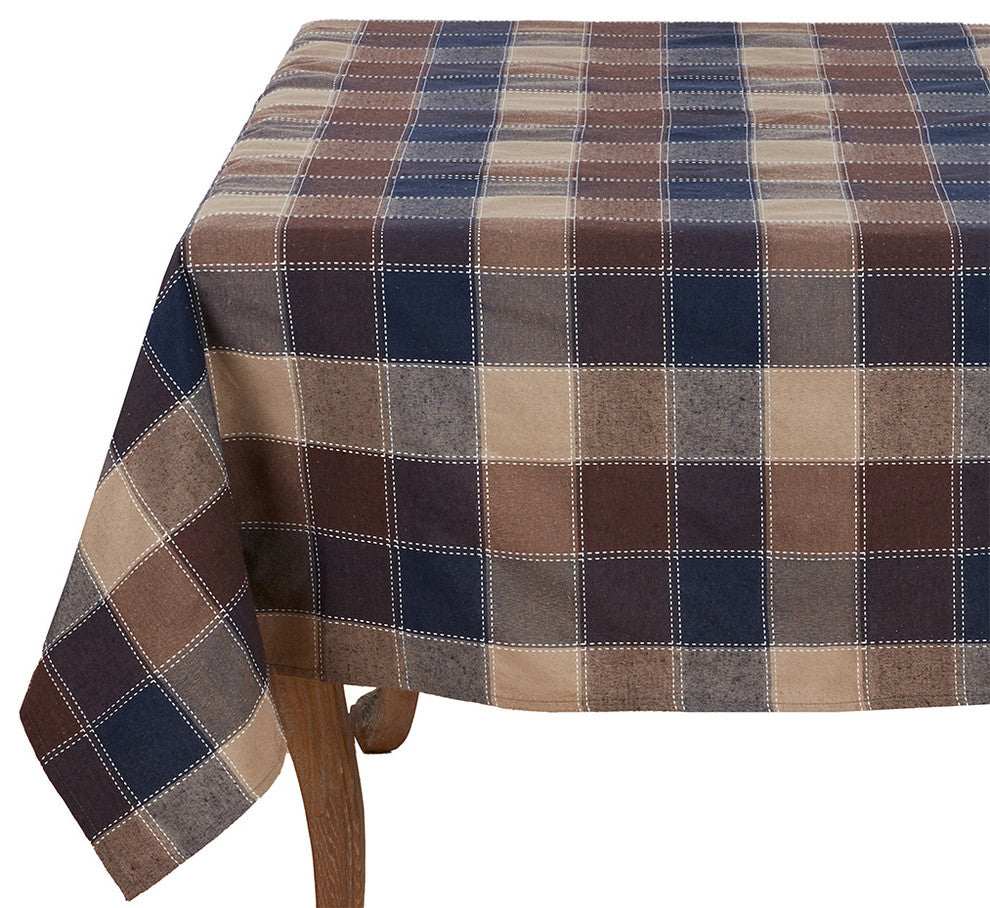 Stitched Plaid Tablecloth, Rectangular, Square, Brown, 70"x180"