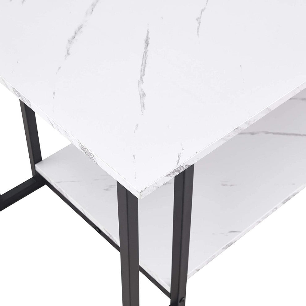 Faux Marble Rectangle Tabletop, 2 Layers Coffee Table for Living Room