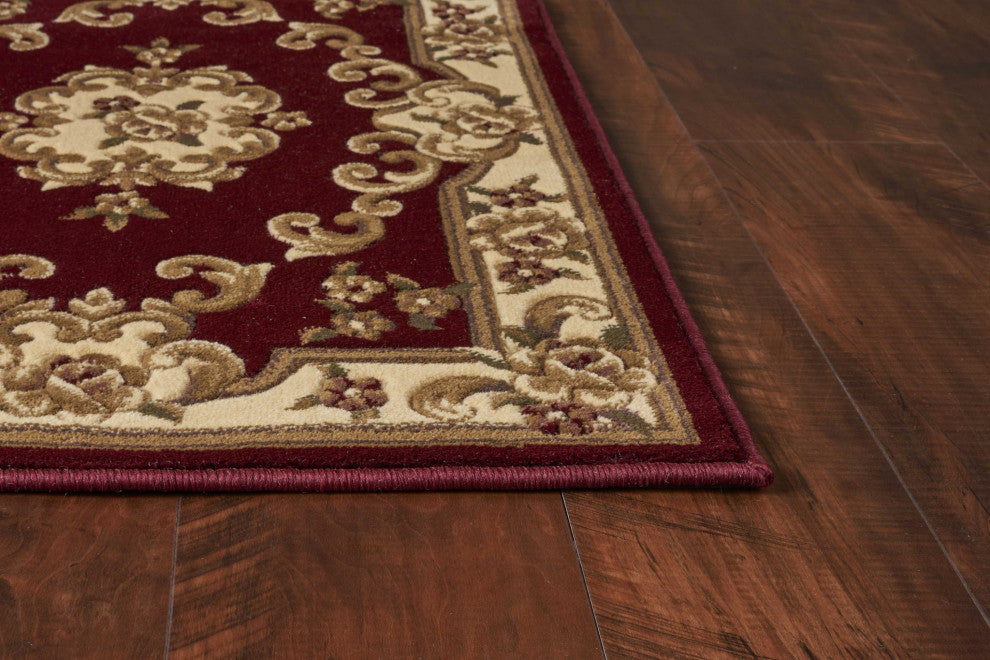 HomeRoots 7' Round Red or Ivory Floral Bordered Indoor Area Rug