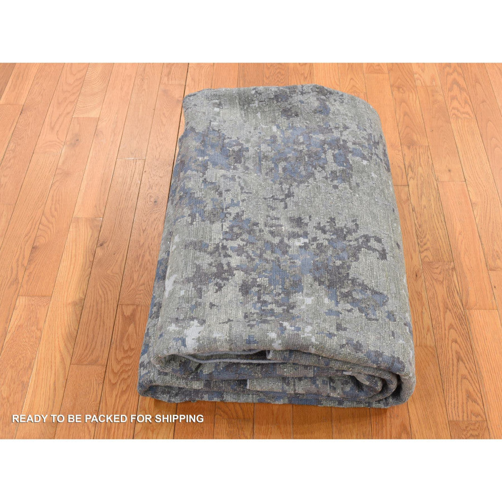 Gray Modern Abstract Design Wool and Silk Hand Knotted Rug 7'10" x 9'9"