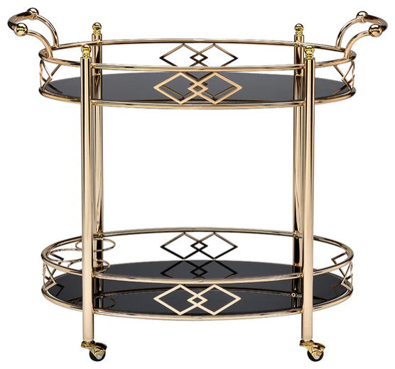 Benzara BM194345 Two Tier Metal Framed Serving Cart and Glass Shelves, Gold