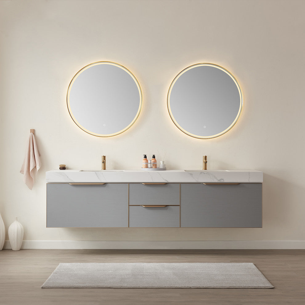 Alicante Vanity With Stone Countertop, Elegant Grey, 84", With Mirror