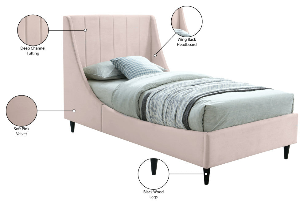 Eva Velvet Upholstered Bed, Pink, Twin