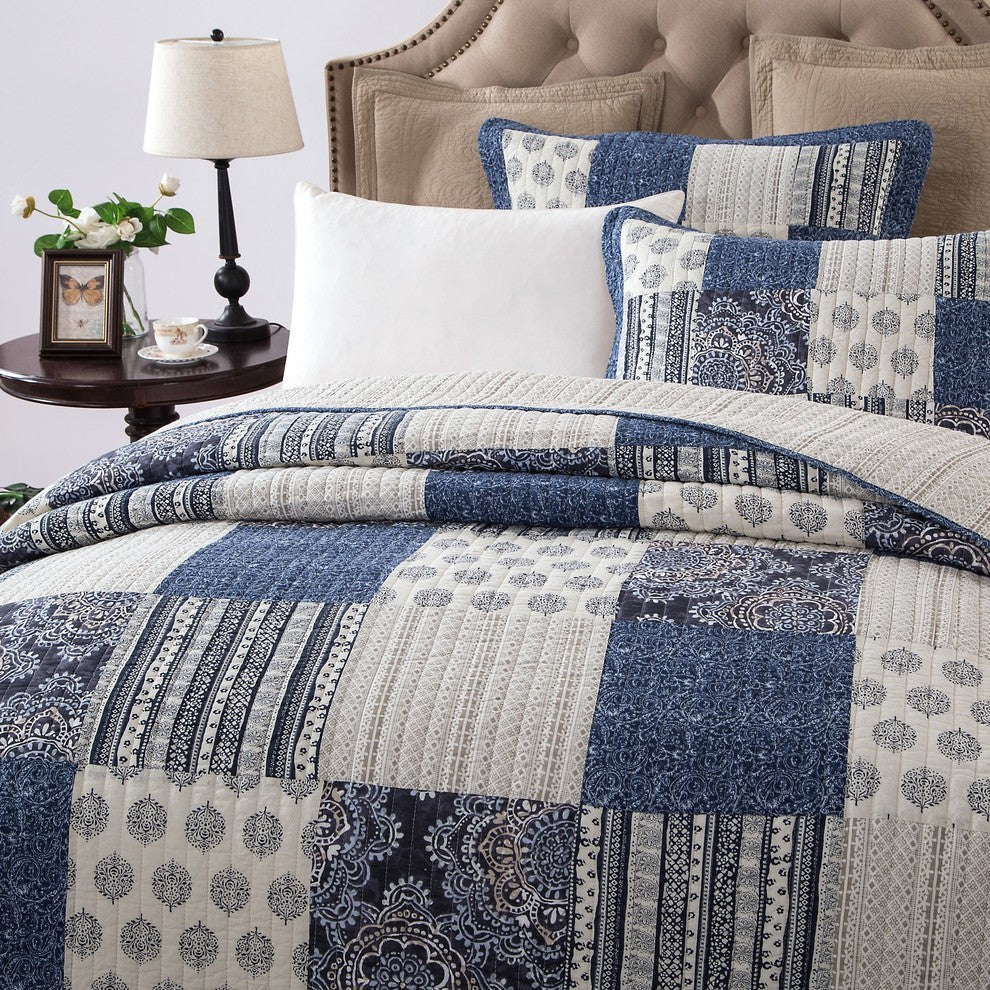Floral Patchwork, Queenilted Coverlet Bedspread Set, Denim Blue, Full