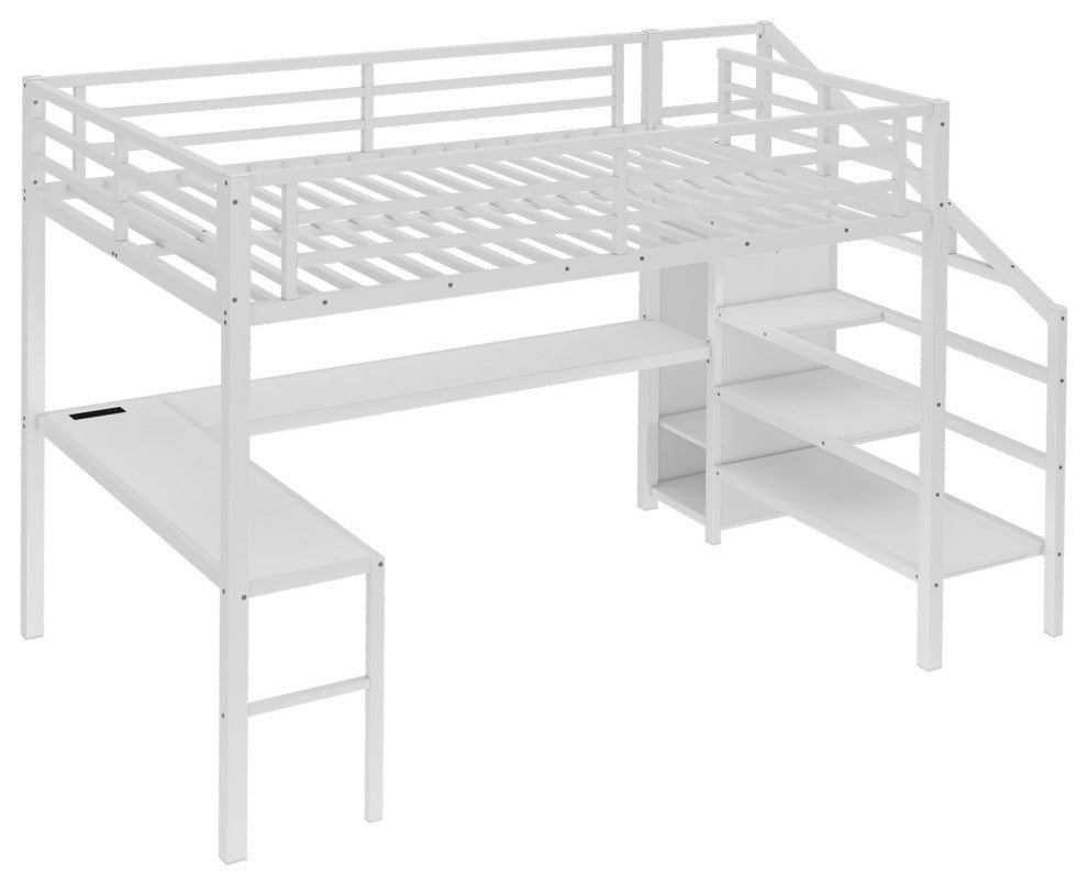 Gewnee Queen Size Loft Bed with L-shaped Desk and USB