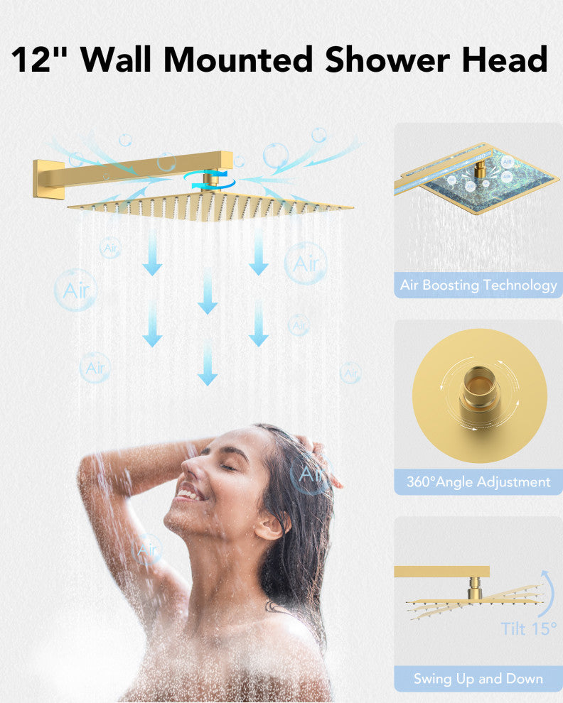 Thermostatic Shower System 12" Dual Shower Heads with Body Jet, Brushed Gold