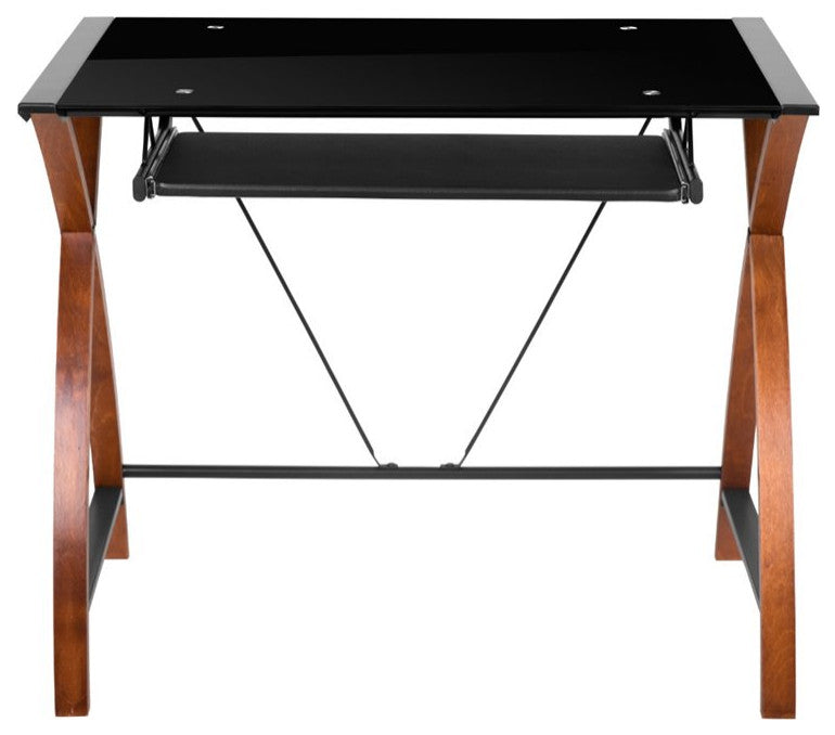 Black Glass Computer Desk with Pull-Out Keyboard Tray and Crisscross Frame