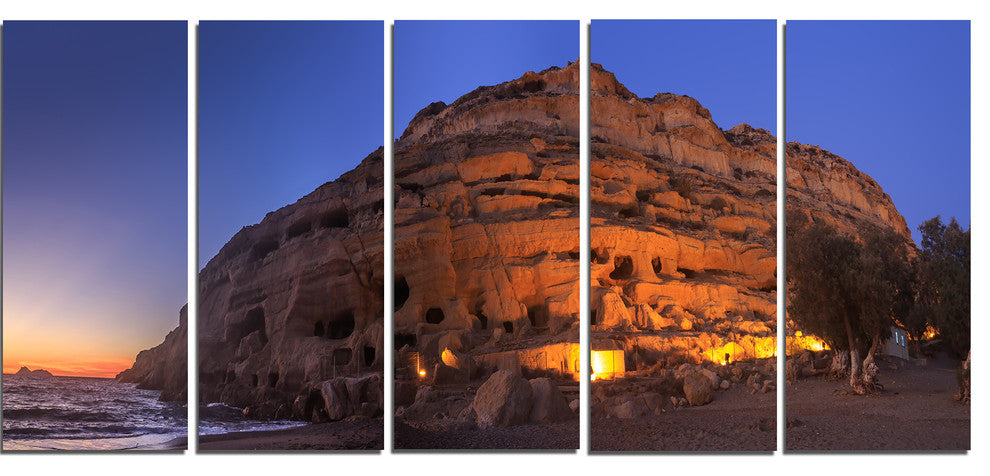 "Sunset on The Matala Beach Greece" Seascape Wall Art, 5 Panels, 60"x28"