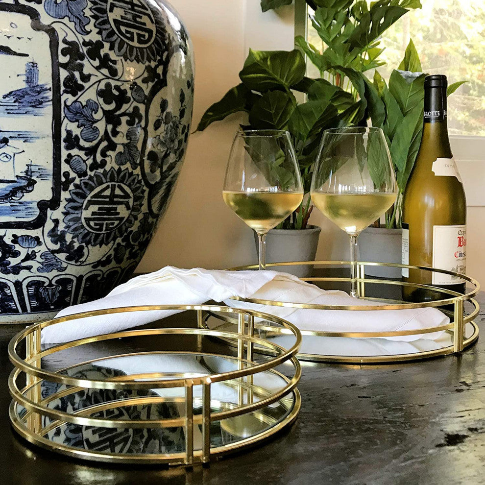 2 Piece Round Mirror Inlay Trays, 11.75 and 7.75 Inches