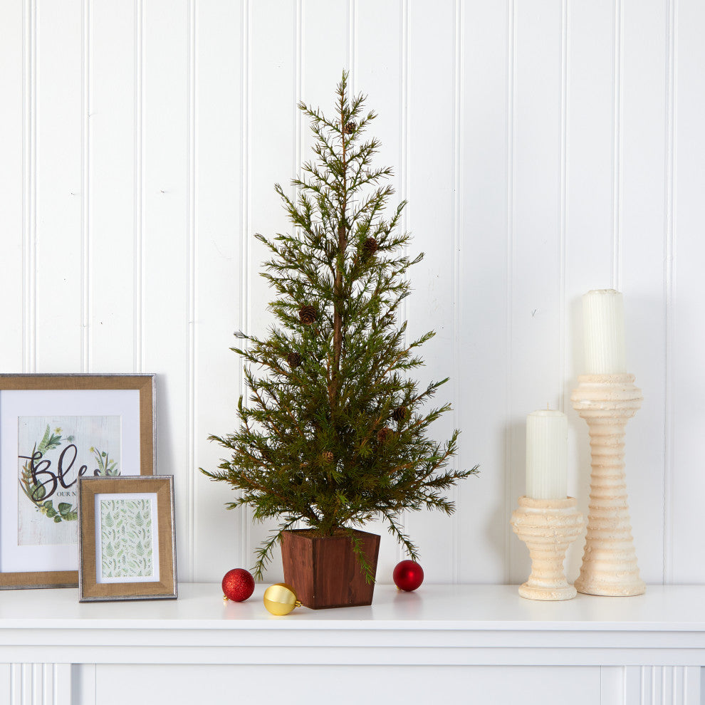 3' Alpine Natural Look Artificial Christmas Tree, Wood Planter With Pine Cones