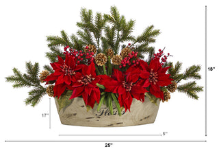 25" Poinsettia, Succulent and Pine Artificial Arrangement, Decorative Vase