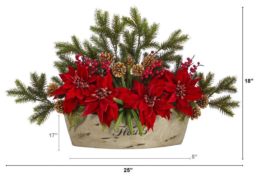 25" Poinsettia, Succulent and Pine Artificial Arrangement, Decorative Vase