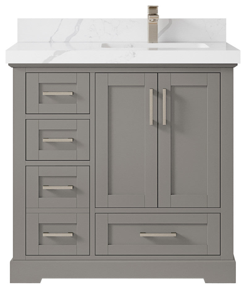 Boston 36 Right Offset Bath Vanity in Elephant Skin Gray 2" Calacatta Laza