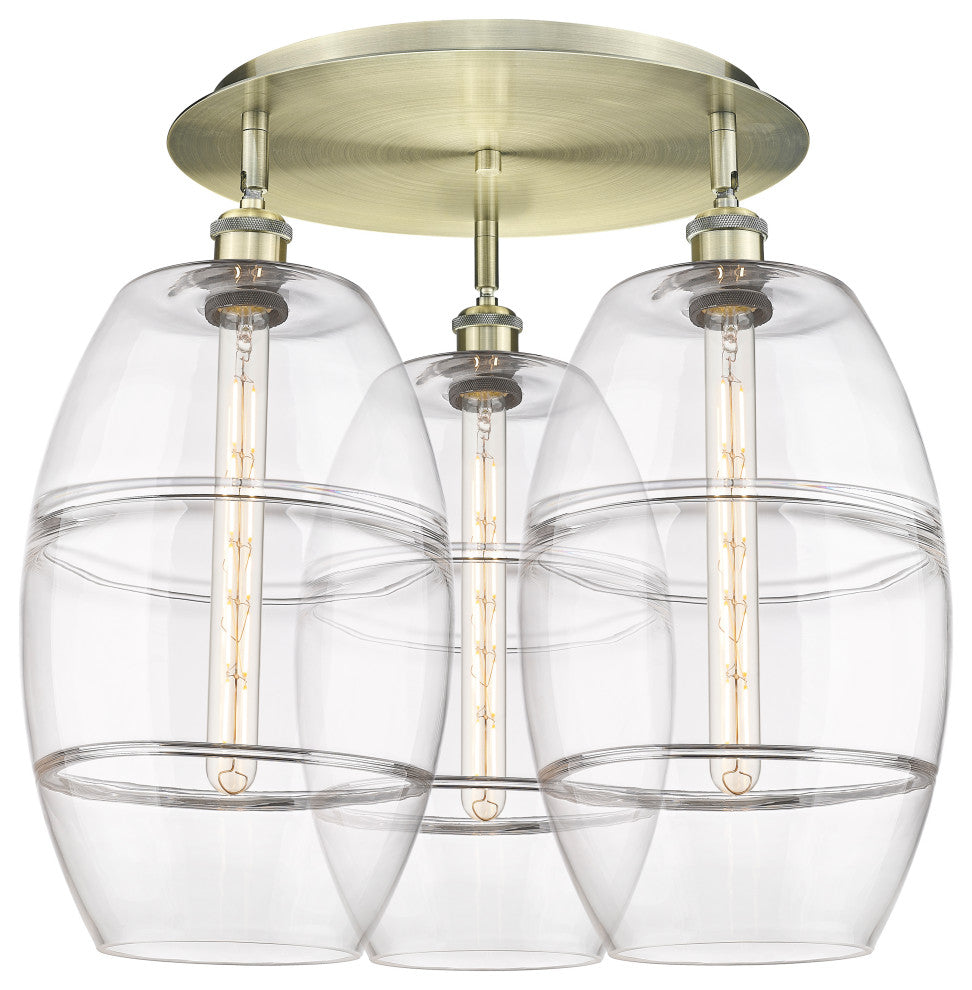 Ballston-Vaz 3-Light 22" Flush Mount, Antique Brass, Clear