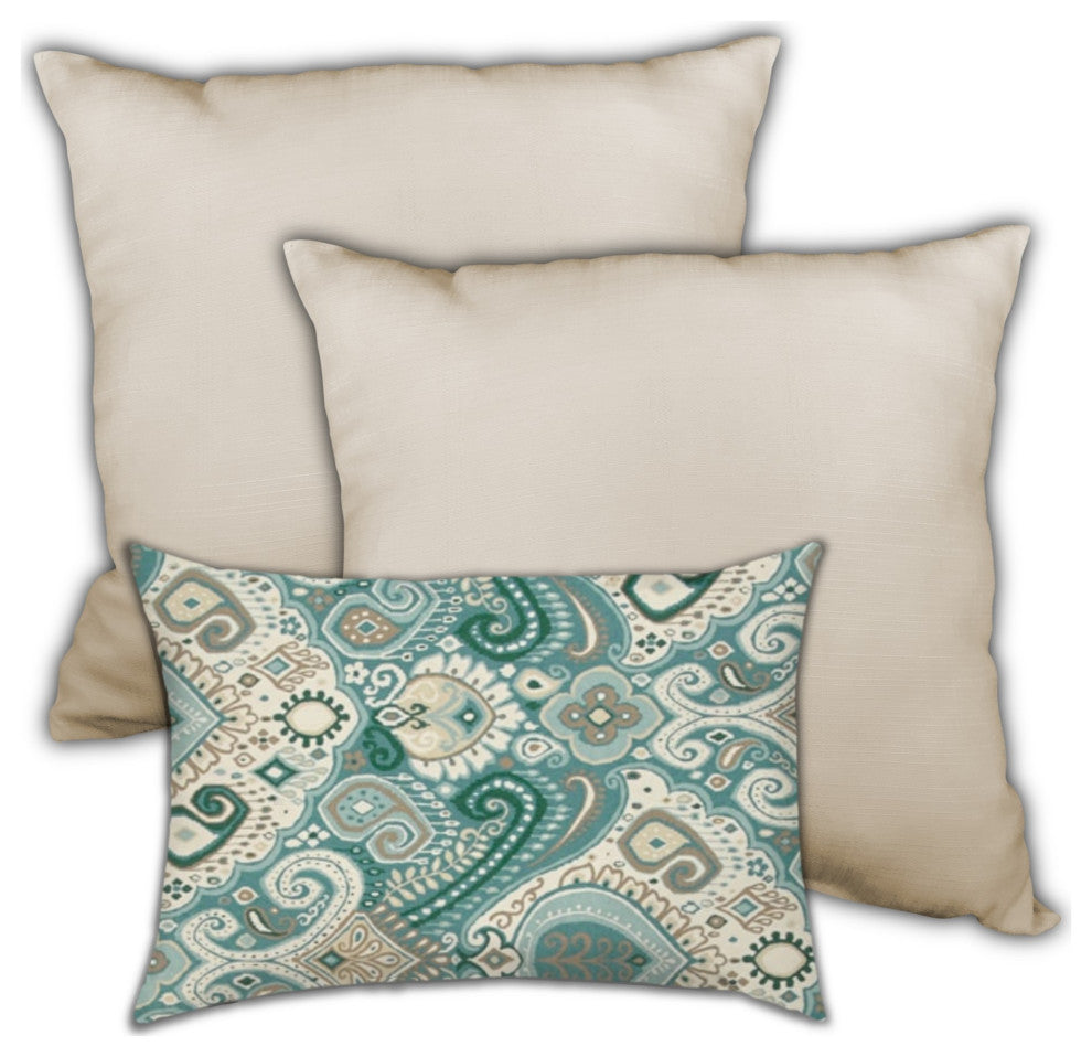 3-Piece Set Teal Boho Chic Indoor Outdoor Zippered Pillows