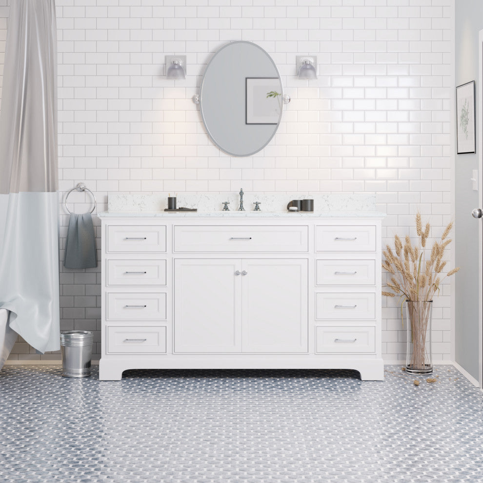 Aria 60" Single Bathroom Vanity, White, Engineered Marble