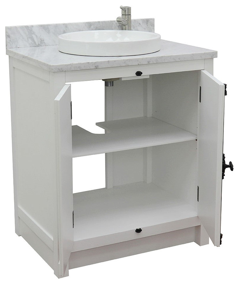 30" Single Vanity, Glacier Ash, White Carrara Top, Round Sink