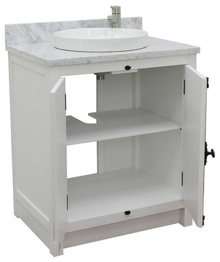 30" Single Vanity, Glacier Ash, White Carrara Top, Round Sink