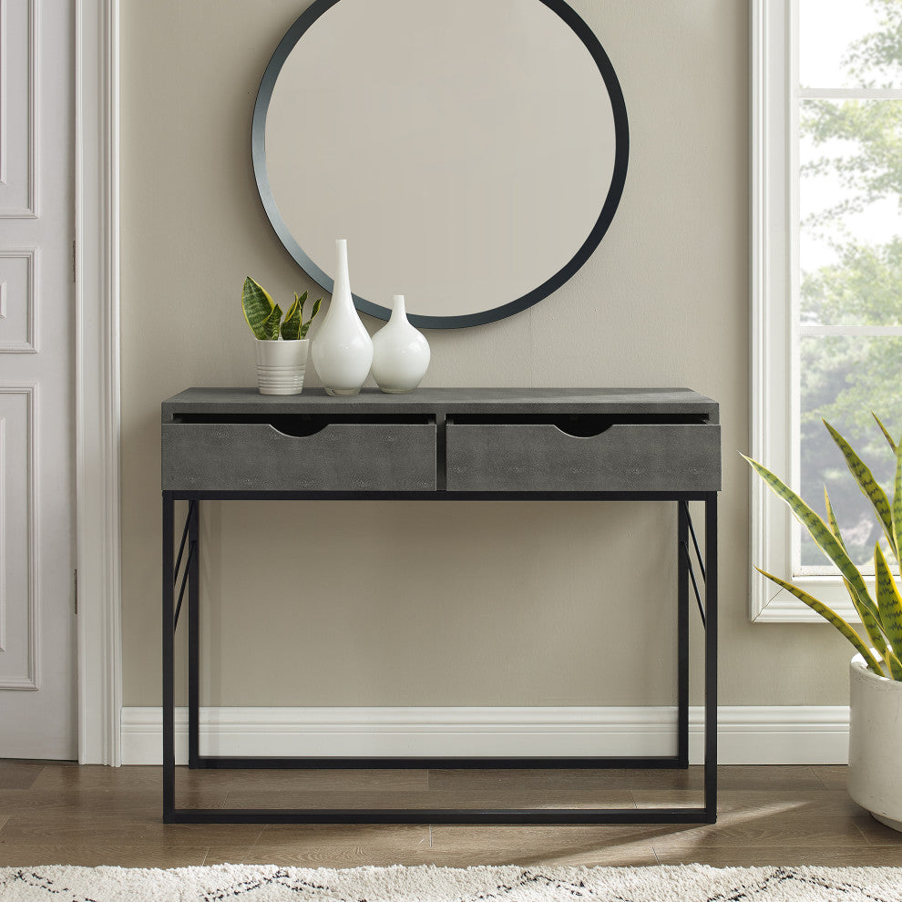 Modern 2-Drawer Faux Shagreen Entry Table - Grey