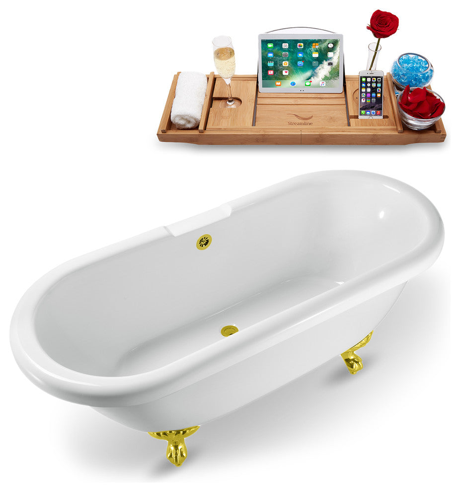67" White Clawfoot Tub and Tray, Gold Feet, Gold External Drain