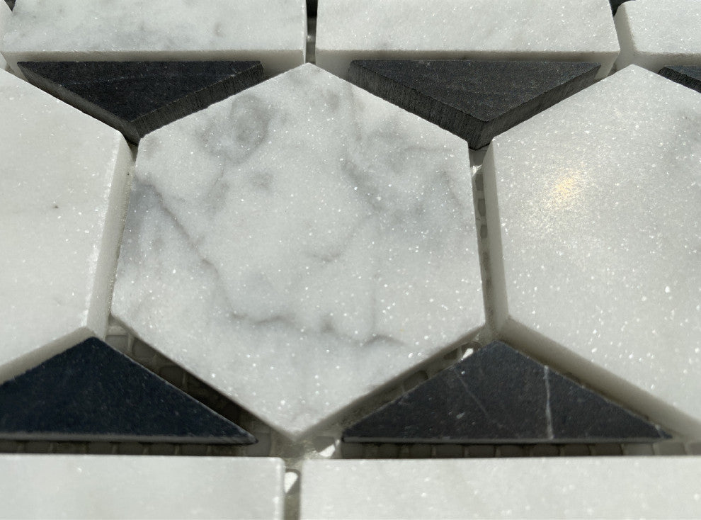 Carrara White Marble 2 Hexagon Listello Mosaic Border Tile Black Honed, 1 sheet