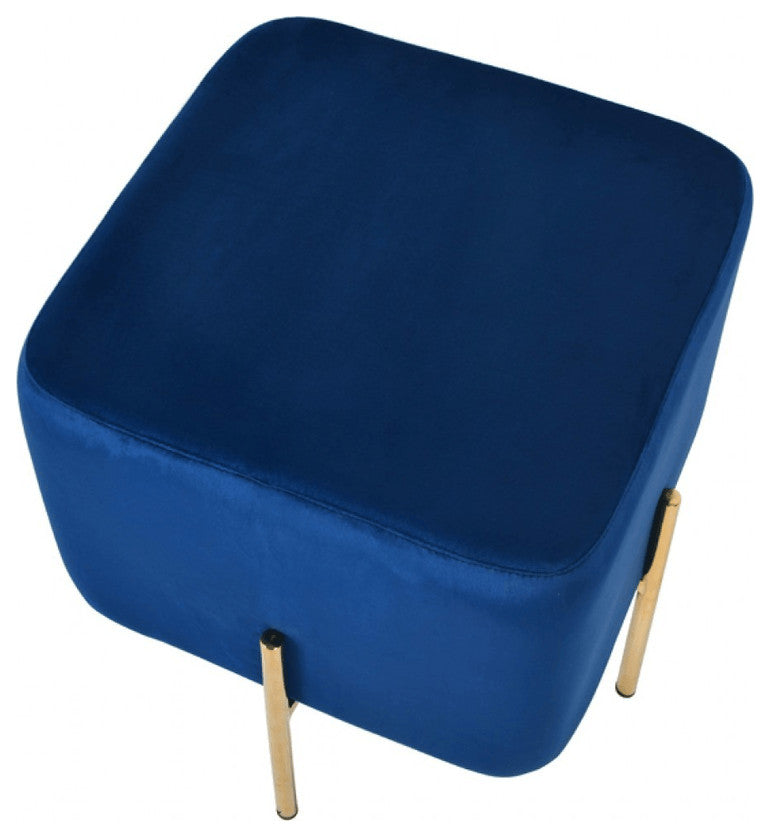 16" Blue Velvet And Gold Cube Ottoman