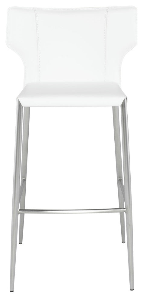Wayne Bar Stool, Modern Barstool White Leather, Brushed Stainless Steel Legs