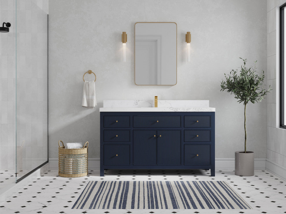 Sonoma 60 Single Sink Reeded Bathroom Vanity in Hale Navy Blue 2" Calacatta Nuvo