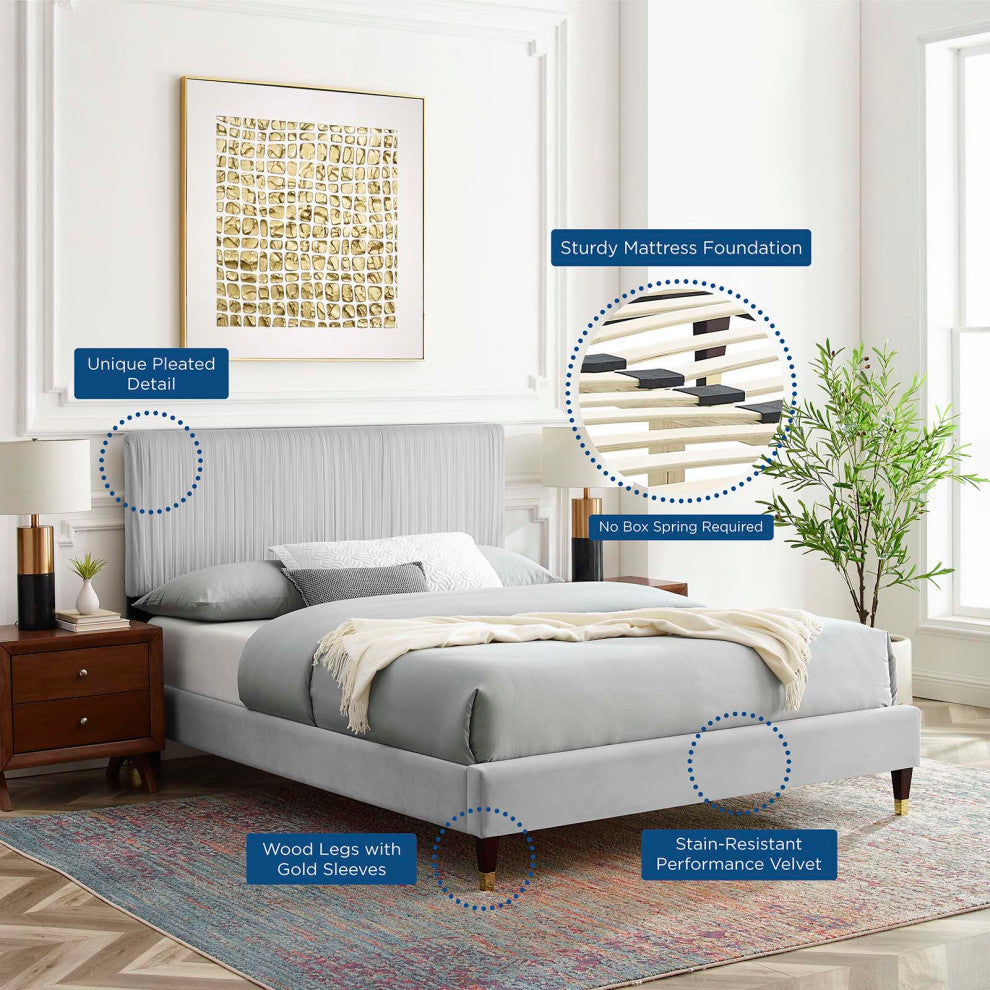 Platform Bed Frame, Twin Size, Velvet, Light Grey Gray, Modern Contemporary